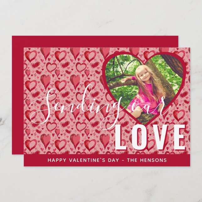 Cartão De Festividades Foto da Família de Script do Dia do Namorados Verm (Frente/Verso)