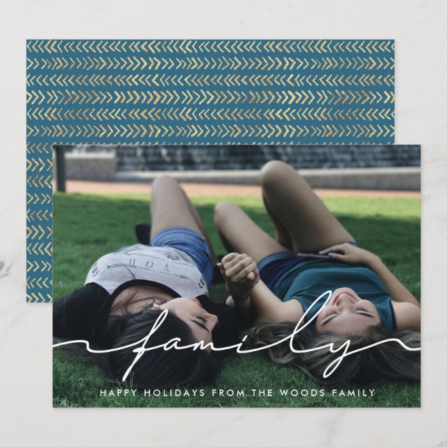 Cartão De Festividades Foto da família de script manuscrito moderno (Frente/Verso)