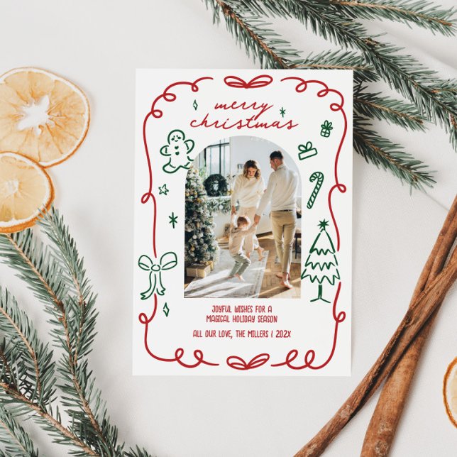 Cartão De Festividades Foto Da Família Desenhada À Mão (Whimsical Hand Drawn Family Photo Christmas Card)