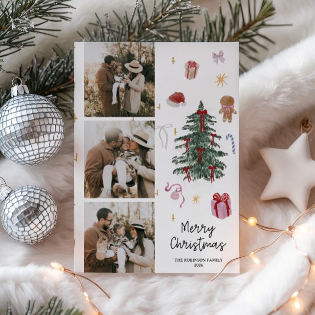 Cartão De Festividades Foto da Família Desenhada Por Cores Aquáticos (Family Photo Christmas Card)