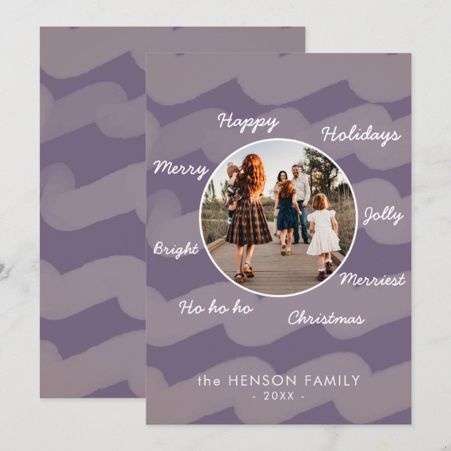 Cartão De Festividades Foto da família do Natal Roxo Moderno (Frente/Verso)