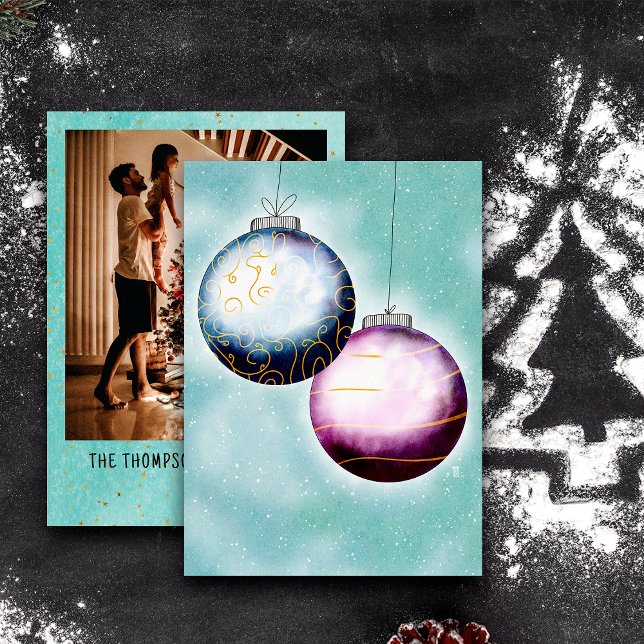 Cartão De Festividades Foto da família Dourada Blue Purple Christmas Ball (Criador carregado)