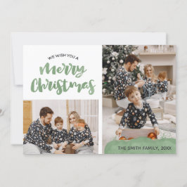 Cartão De Festividades Foto da Família em Aquarela Verde Natal Feliz