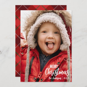 Cartão De Festividades Foto da Família Feliz de Natal da Xadrez Rustic Co