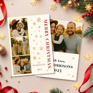 Cartão De Festividades Foto da Família Feliz de Natal Elegante Floco de N