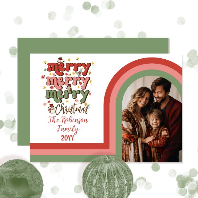 Cartão De Festividades Foto da Família Feliz de Natal em Arch Retro (Retro Arched Photo Merry Christmas Family Photo Holiday Card - Retro Pink, Red and Green)