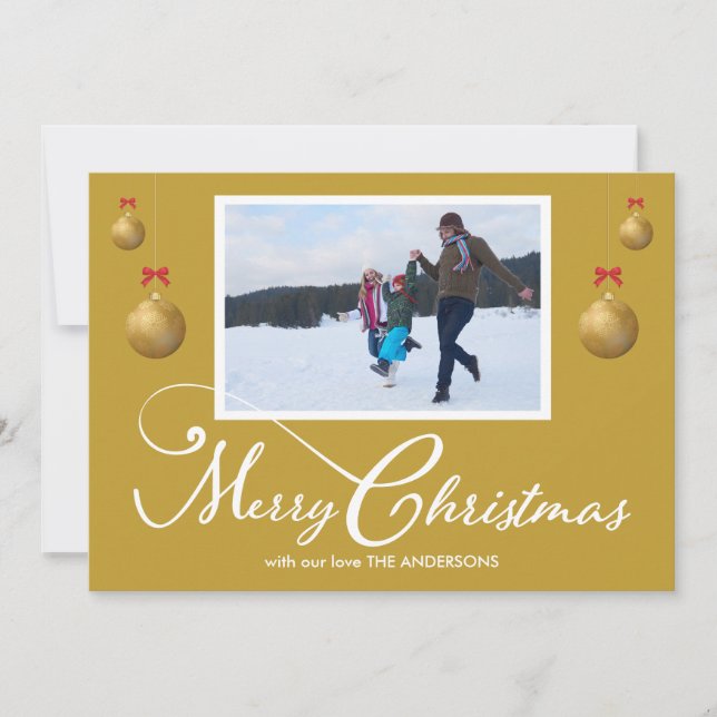 Cartão De Festividades Foto da família Feliz Natal Caligrafia Dourada (Frente)