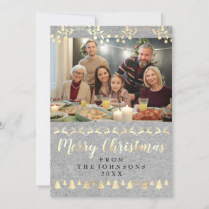 Cartão De Festividades Foto da família Feliz Natal Dourado Cinza Kraft