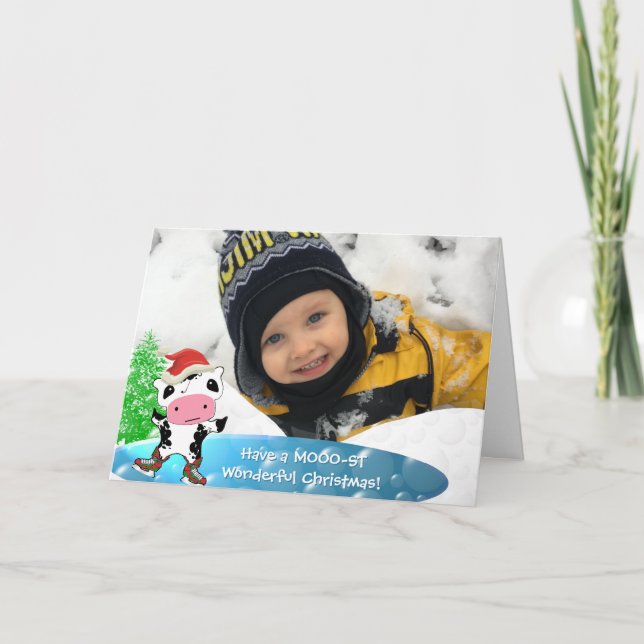 Cartão De Festividades Foto da família Feliz Natal Kawaii - Vaca dançante (Frente)