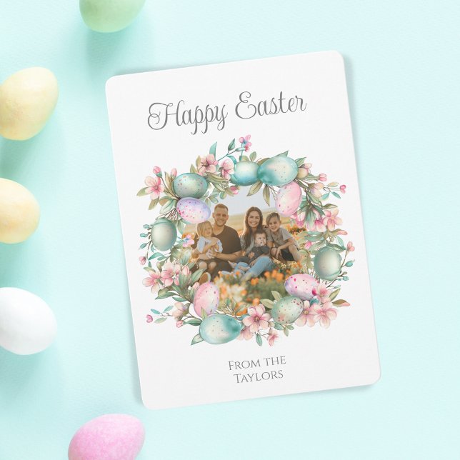 Cartão De Festividades Foto da Família Felz pascoa de Foco de Ovos Pastel (pastel easter wreath photo frame)