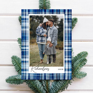 Cartão De Festividades Foto da família Flannel de Xadrez Azul e Branco