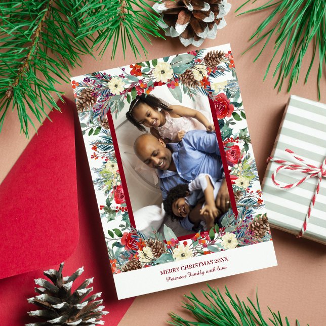 Cartão De Festividades Foto da família floral russa de Natal Burgundy Ver (Criador carregado)