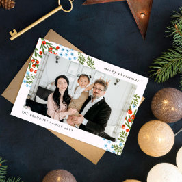 Cartão De Festividades Foto da Família Flores Azuis Red Berries no Natal