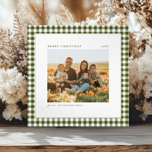Cartão De Festividades Foto da Família Gingham Verde Simples e eterno