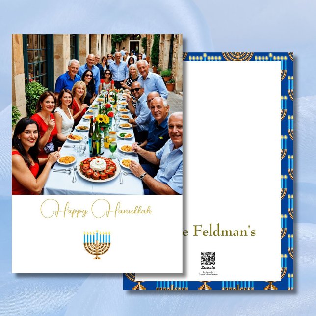 Cartão De Festividades Foto da família Hanukkah Azul Dourado (Criador carregado)