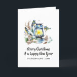 Cartão De Festividades Foto da Família Lanterna Natal em Água<br><div class="desc">Cartão de saudação de Natal com uma lanterna,  pássaros,  cones e pínus personalizáveis com sua foto.</div>