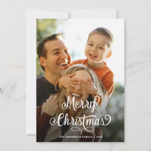 Cartão De Festividades Foto da família moderna Manuscrito de Natal Feliz 
