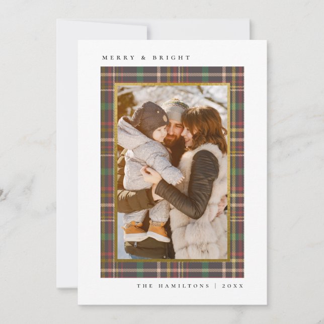 Cartão De Festividades Foto da família natalícia de Tartan feliz e Brilho (Frente)