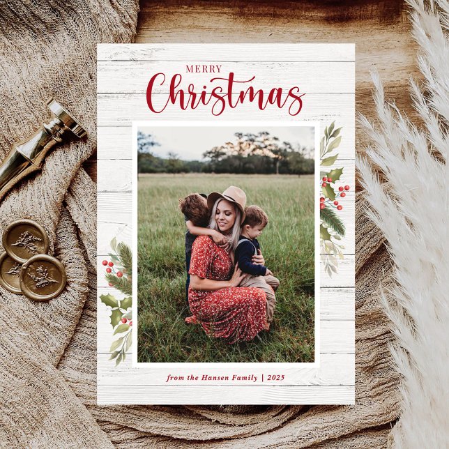 Cartão De Festividades Foto da família natalícia Greenery White Wood Flat (Criador carregado)