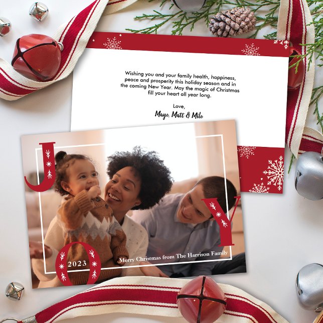 Cartão De Festividades Foto da família natalícia Modern JOY (Modern JOY Christmas Family Photo Holiday Card)