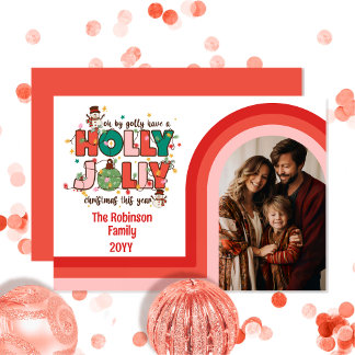 Cartão De Festividades Foto da família natalícia Retro Arch Holly Jolly