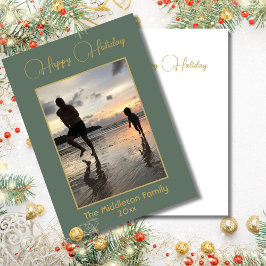 Cartão De Festividades Foto da família natalina Elegante Feliz Verde Dour