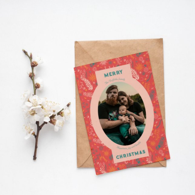 Cartão De Festividades Foto da família no rabisco floral laranja (Criador carregado)