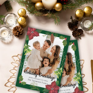 Cartão De Festividades Foto da família Red Flower Feliz de Natal