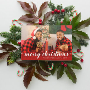 Cartão De Festividades Foto da família Red White Calliografia Feliz Nata