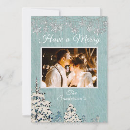 Cartão De Festividades Foto da família rustic Blue Winter Snow Family