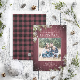 Cartão De Festividades Foto da Família Rustic Wood Pine Snowflakes Feliz