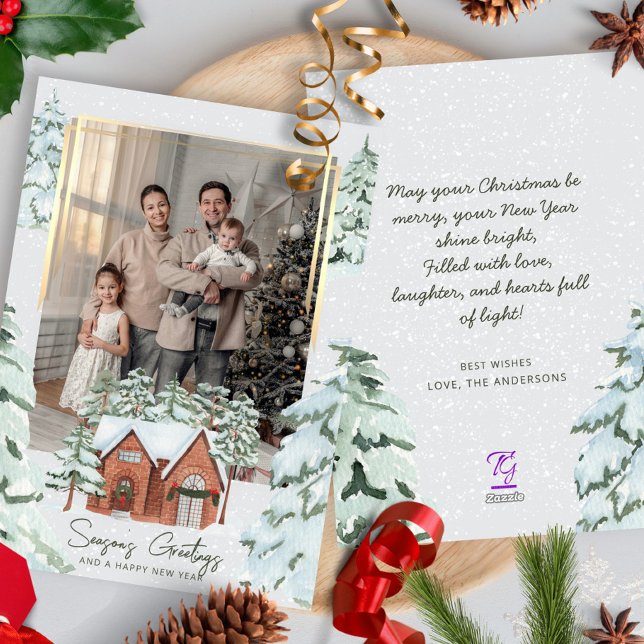 Cartão De Festividades Foto da família Snowflakes Scandi Pine Árvore de N (Criador carregado)