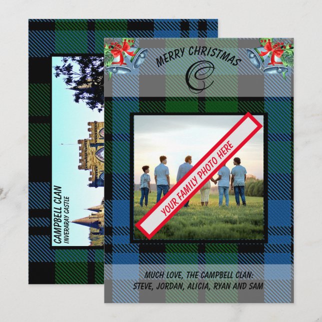 Cartão De Festividades Foto da família Tartan Blue Clan Campbell (Frente/Verso)