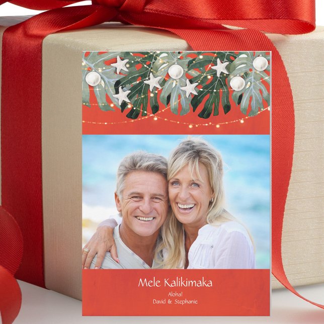 Cartão De Festividades Foto da Família Tropical Beach (Mele Kalikimaka -Elegant beach vacation holiday Christmas card. Watercolor floral beach theme. )
