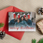 Cartão De Festividades Foto da Família Vermelha Caligrafia Feliz Natal<br><div class="desc">Cartão de Natal tradicional com sua foto cobrindo todo o cartão. Na parte inferior da carta,  um gradiente branco e um feliz natal escrito em um roteiro de caligrafia vermelha. Adicione seu nome de família e o ano. A parte traseira apresenta um padrão de xadrez em grande escala</div>