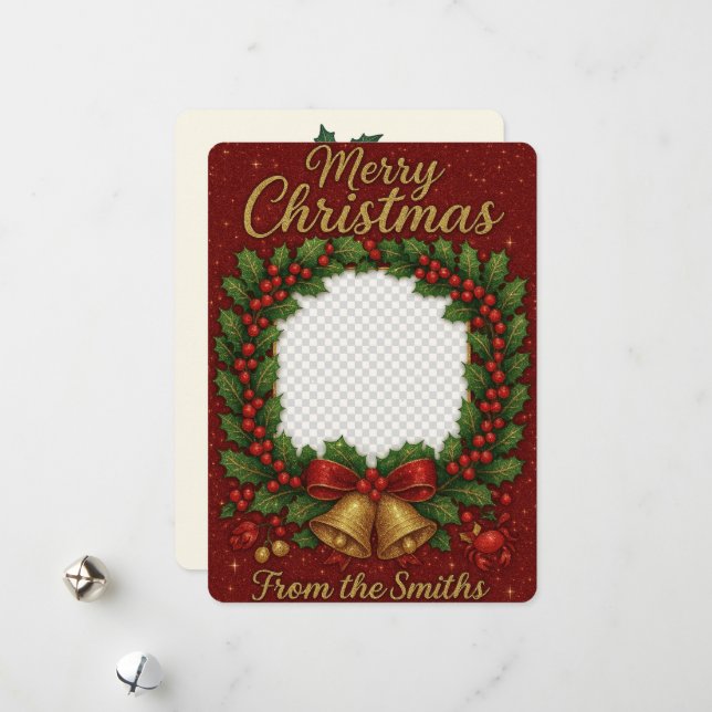 Cartão De Festividades Foto da família Wreath, com alegria, no Natal (Frente/Verso In Situ)