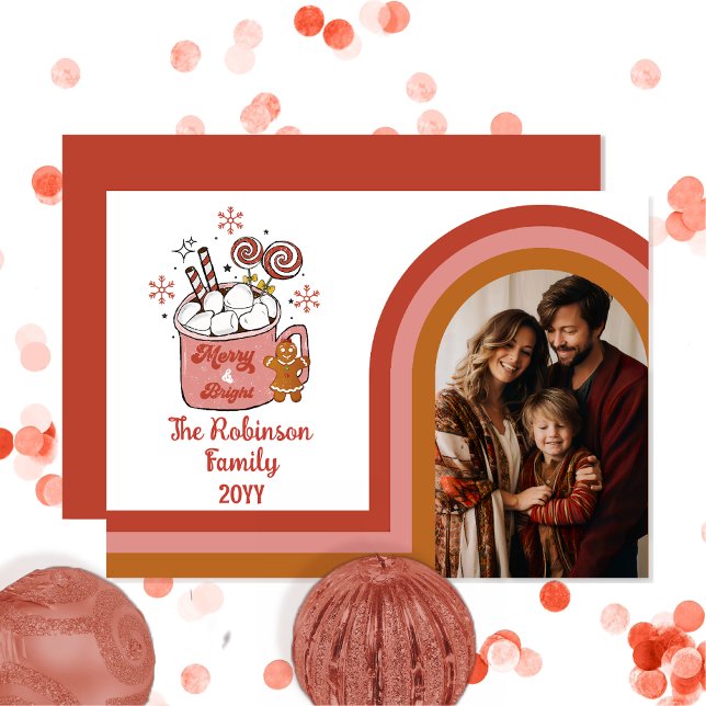 Cartão De Festividades Foto da Feliz de Arch Retro e da Família Bright (Retro Arched Photo Merry and Bright Hot Cocoa Gingerbread Christmas Family Card)