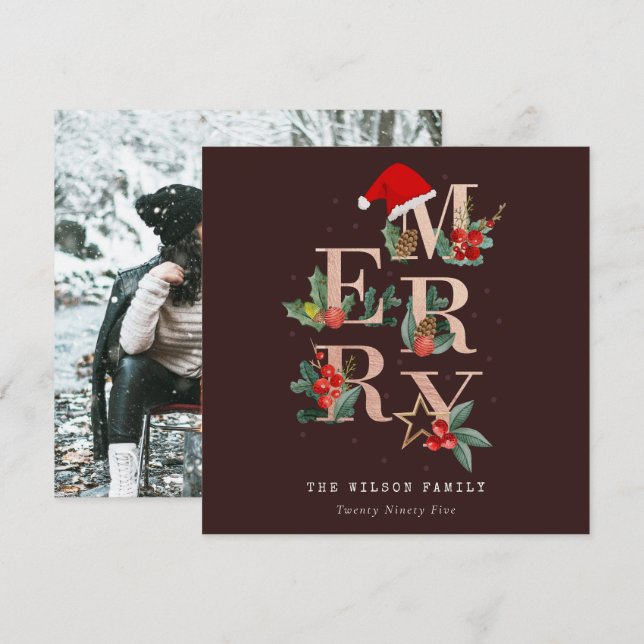 Cartão De Festividades Foto da Folhagem de Natal Castanha Rosa Dourada Re (Frente/Verso)