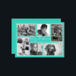 Cartão De Festividades Foto da Grande Família Collage Turquoise<br><div class="desc">Cartões de foto de Natal azul turquesa com lugar para seis fotos da família. Carregue fotos para ajustado dos modelos - modelos horizontais e verticais devem ter fotos nessa orientação. Modelos quadrados podem pegar qualquer um. Fonte manuscrita para a saudação personalizada em branco. O modelo de assinatura pode pegar uma...</div>