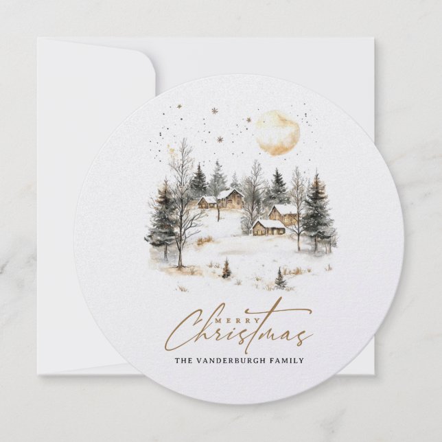 Cartão De Festividades Foto da Vila de Inverno de Natal em Aquarela (Frente)