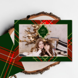 Cartão De Festividades Foto da Xadrez Verde Vermelha Clássica Crest Natal