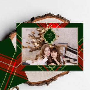 Cartão De Festividades Foto da Xadrez Verde Vermelha Clássica Crest Natal