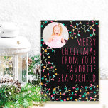 Cartão De Festividades Foto das Luzes de Natal do neto favorito engraçado<br><div class="desc">Cartão com fotos de feriado divertido escrito com "feliz natal do seu neto favorito" (editável) e decorado com luzes coloridas de cordas de natal e tipografia moderna de fontes magras. O modelo de fotografia está configurado para adicionar a sua imagem, que é apresentada em formato redondo no cobrir frontal. (Se...</div>
