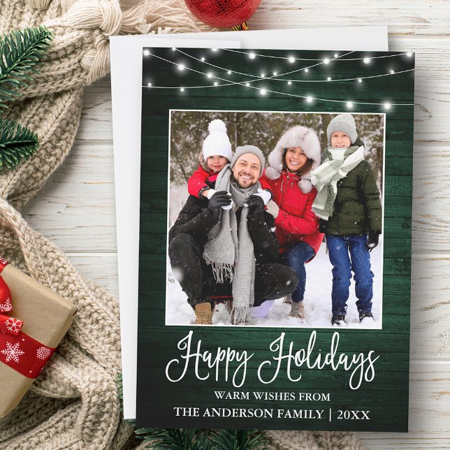 Cartão De Festividades Foto das luzes verdes da caligrafia divertida (Customize to add text to back of card.)