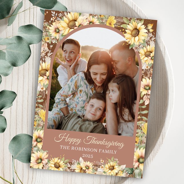 Cartão De Festividades Foto de Ação de Graças Feliz e Feliz outono do Ele (elegant sunflowers autumn fall happy thanksgiving cards with arch family photo for personalized note)