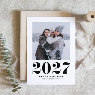 Cartão De Festividades Foto de Ano Novo com Tipografia Retro 2027 Preta