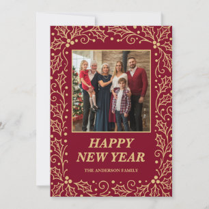 Cartão De Festividades Foto de Ano Novo da Família em Burgundy e Dourado 