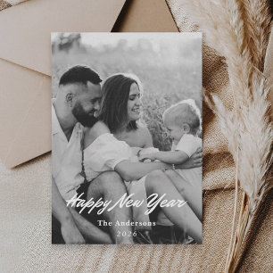 Cartão De Festividades Foto de Ano Novo em Preto e Branco Minimalista Ret