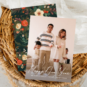 Cartão De Festividades Foto de Ano Novo Feliz com Letra Floral Colorida