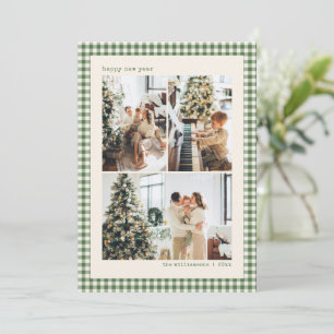 Cartão De Festividades Foto de Ano Novo Feliz em Xadrez Ginga Verde Famíl